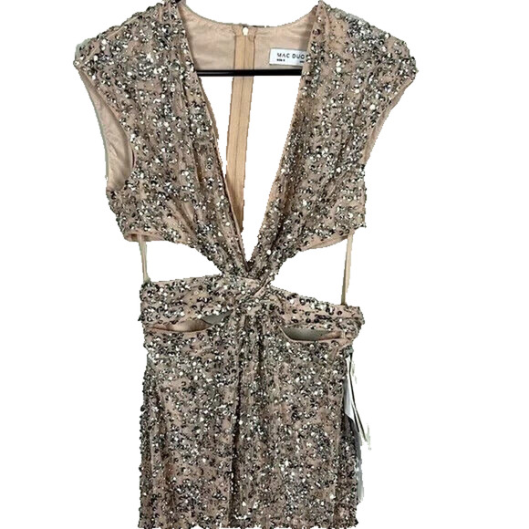 NWT MAC DUGGAL SZ 0 10919 SEQUINED CAP SLEEVE PLUNGE NECK CUT OUT GOWN NUDE - Picture 4 of 6
